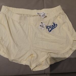 PINK Cream Shorts with Blue Script Logo